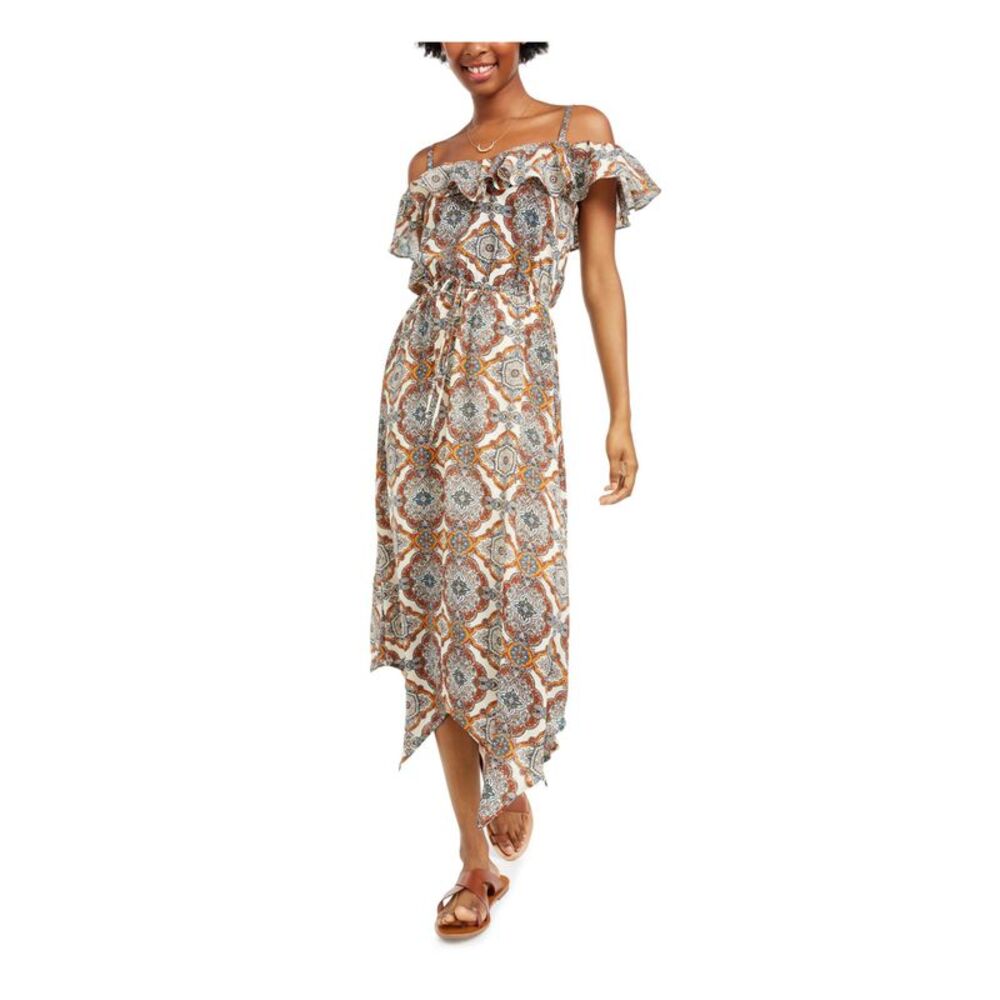 NWT FISHBOWL Womens Hi-Lo Tea-Length Dress Beige Spaghetti Strap Juniors S